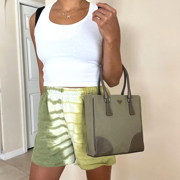 PRADA Olive Logo Canvas and Leather Tote Bag - Picture 2 of 13